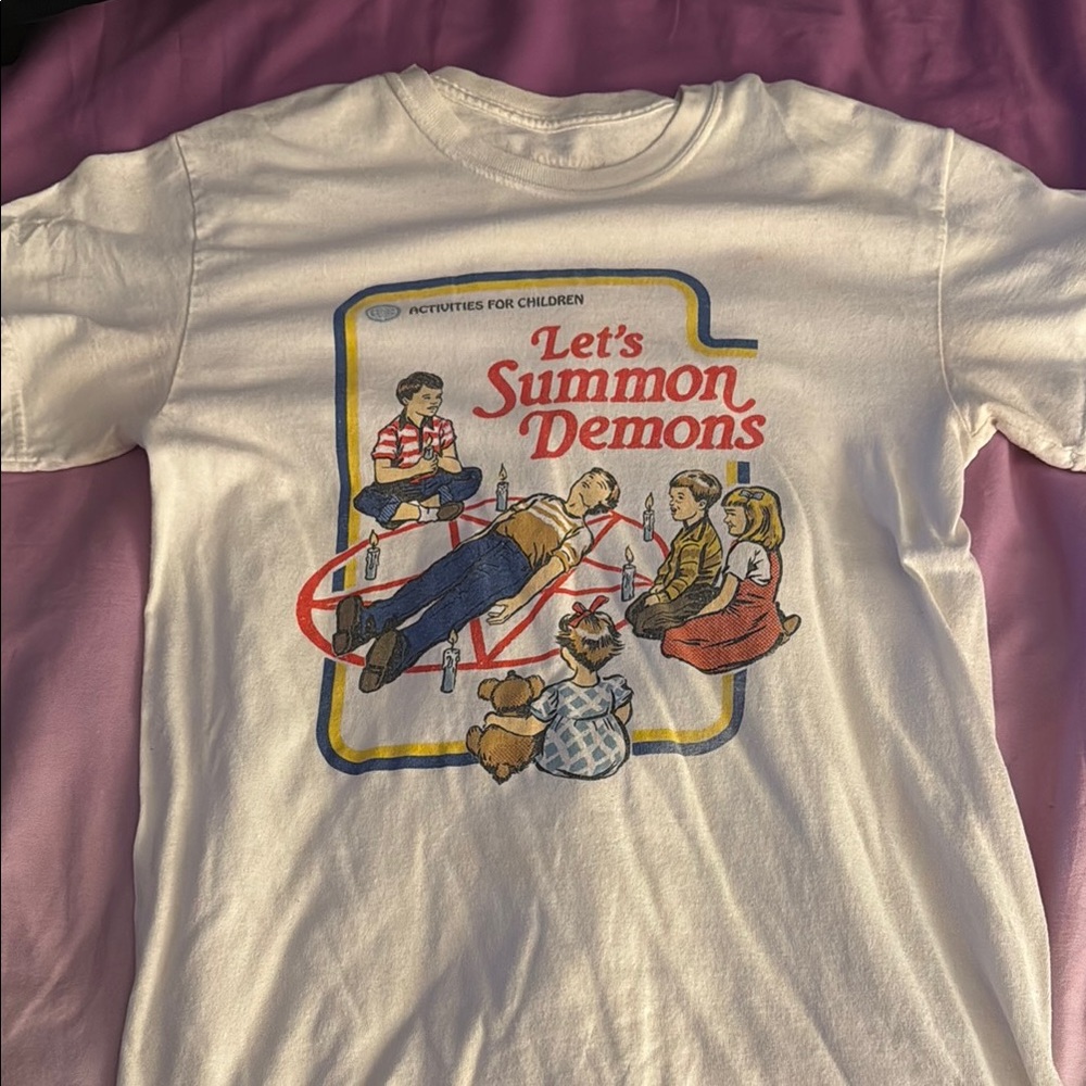 White Graphic Tee with Let's Summon Demons Print
